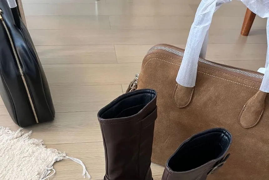 Buckled Faux Leather Mid-Calf Boots