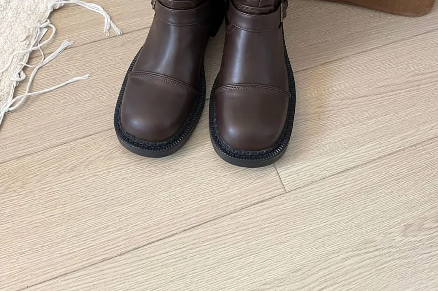 Buckled Faux Leather Mid-Calf Boots