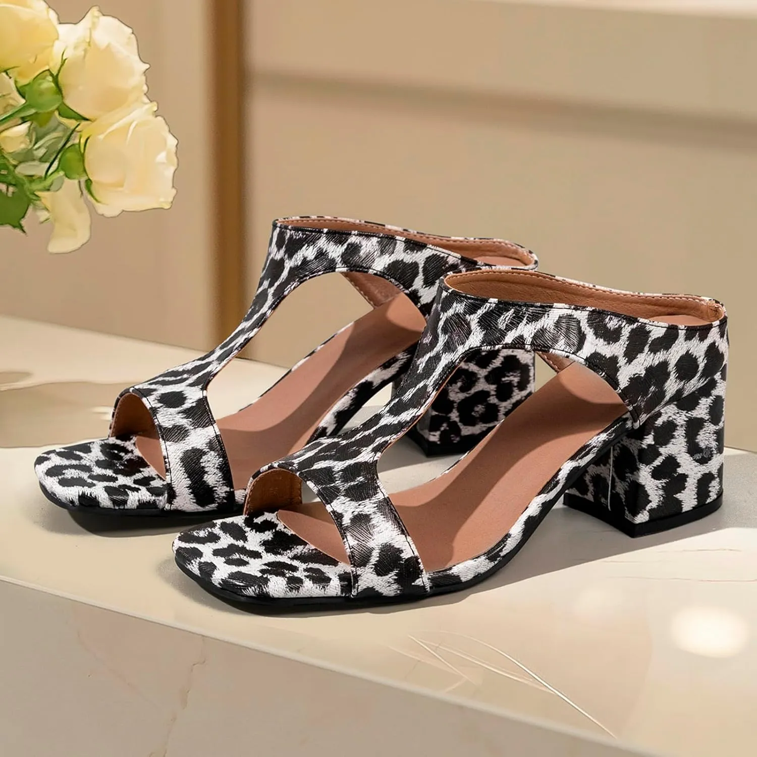 European Plus Size Fashionable Sexy Leopard Print Bag And Sandals Thick Heels High Heels Fish Closed Toe Slides Women