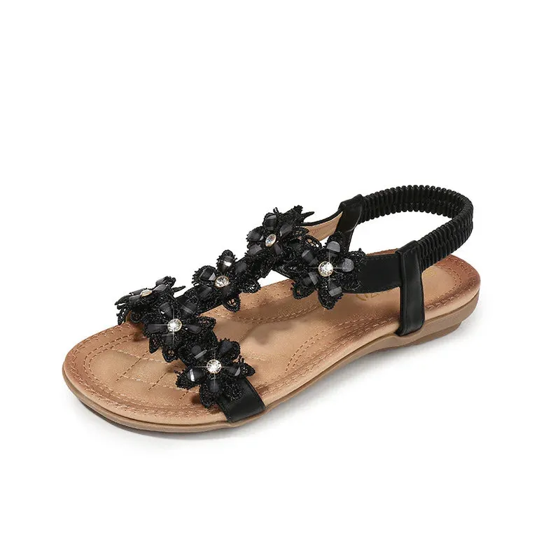 Floral Flowers Sandal Comfortable flat sandals women big size summer shoes woman bohemia flowers rhinestone beach ladies shoes thongs