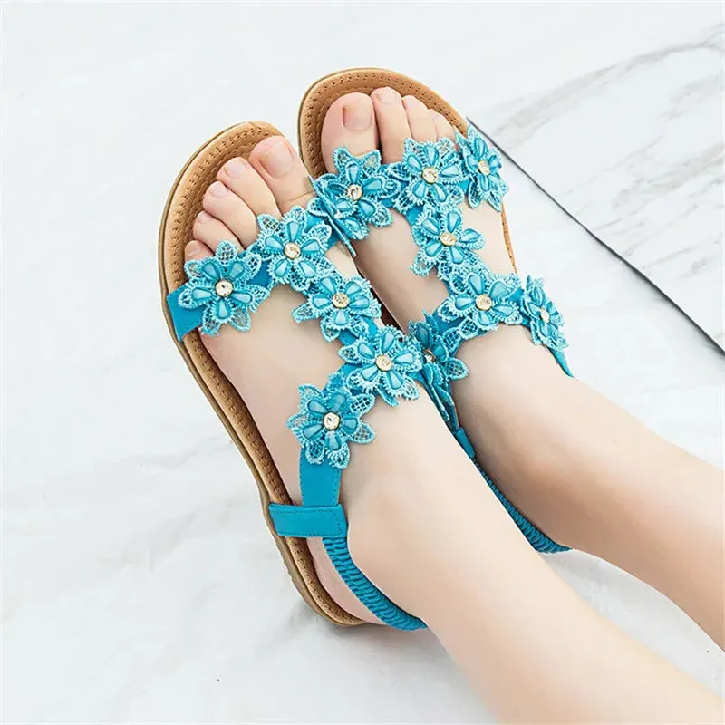 Floral Flowers Sandal Comfortable flat sandals women big size summer shoes woman bohemia flowers rhinestone beach ladies shoes thongs