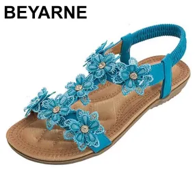 Floral Flowers Sandal Comfortable flat sandals women big size summer shoes woman bohemia flowers rhinestone beach ladies shoes thongs