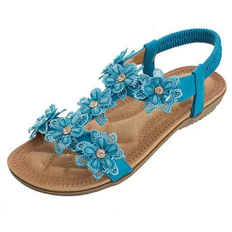 Floral Flowers Sandal Comfortable flat sandals women big size summer shoes woman bohemia flowers rhinestone beach ladies shoes thongs