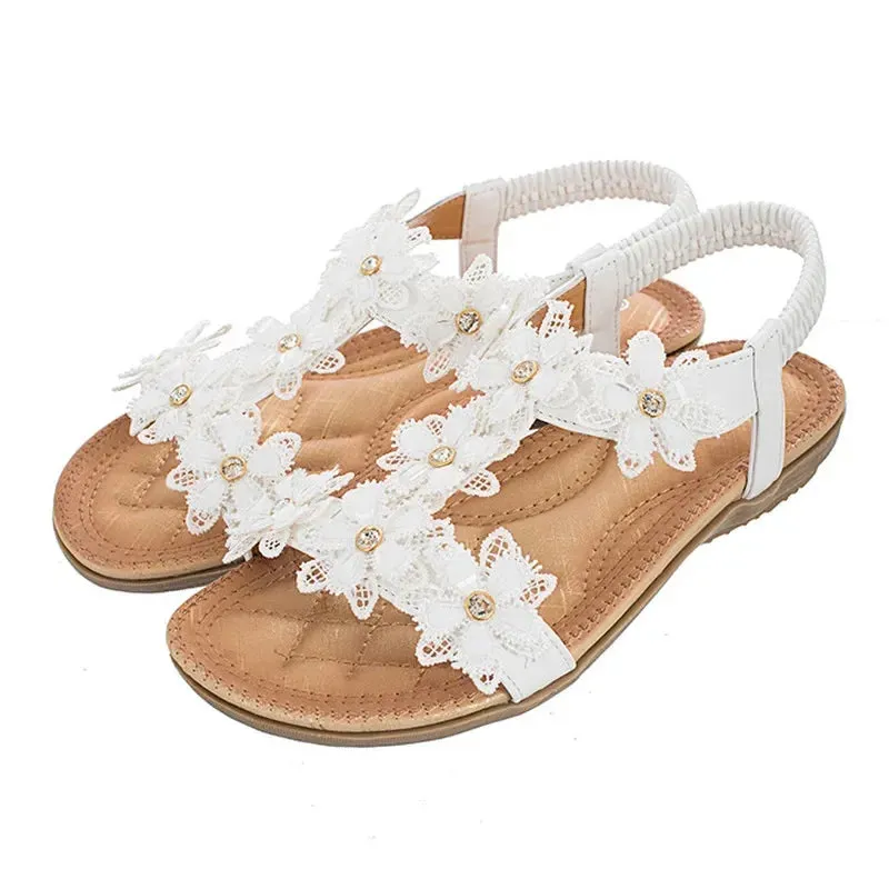 Floral Flowers Sandal Comfortable flat sandals women big size summer shoes woman bohemia flowers rhinestone beach ladies shoes thongs