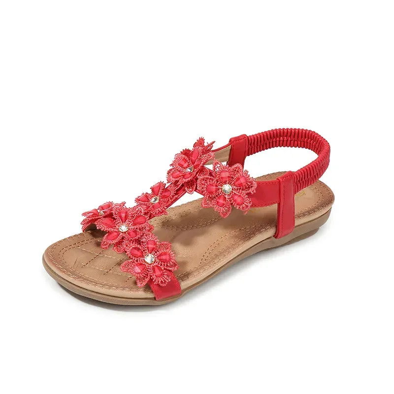 Floral Flowers Sandal Comfortable flat sandals women big size summer shoes woman bohemia flowers rhinestone beach ladies shoes thongs
