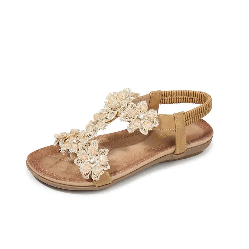 Floral Flowers Sandal Comfortable flat sandals women big size summer shoes woman bohemia flowers rhinestone beach ladies shoes thongs