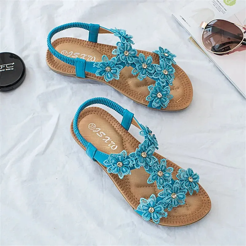 Floral Flowers Sandal Comfortable flat sandals women big size summer shoes woman bohemia flowers rhinestone beach ladies shoes thongs