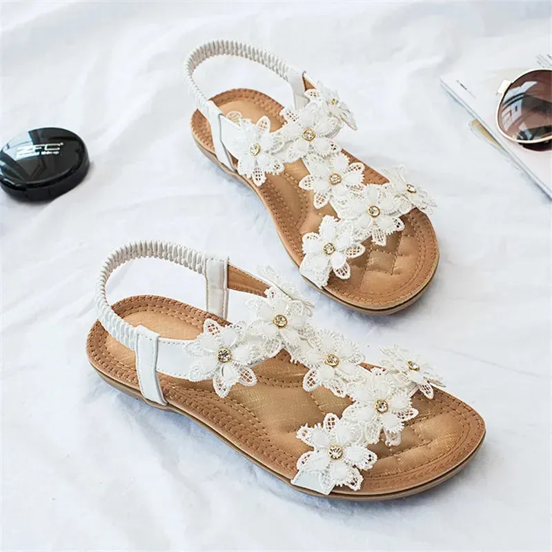 Floral Flowers Sandal Comfortable flat sandals women big size summer shoes woman bohemia flowers rhinestone beach ladies shoes thongs
