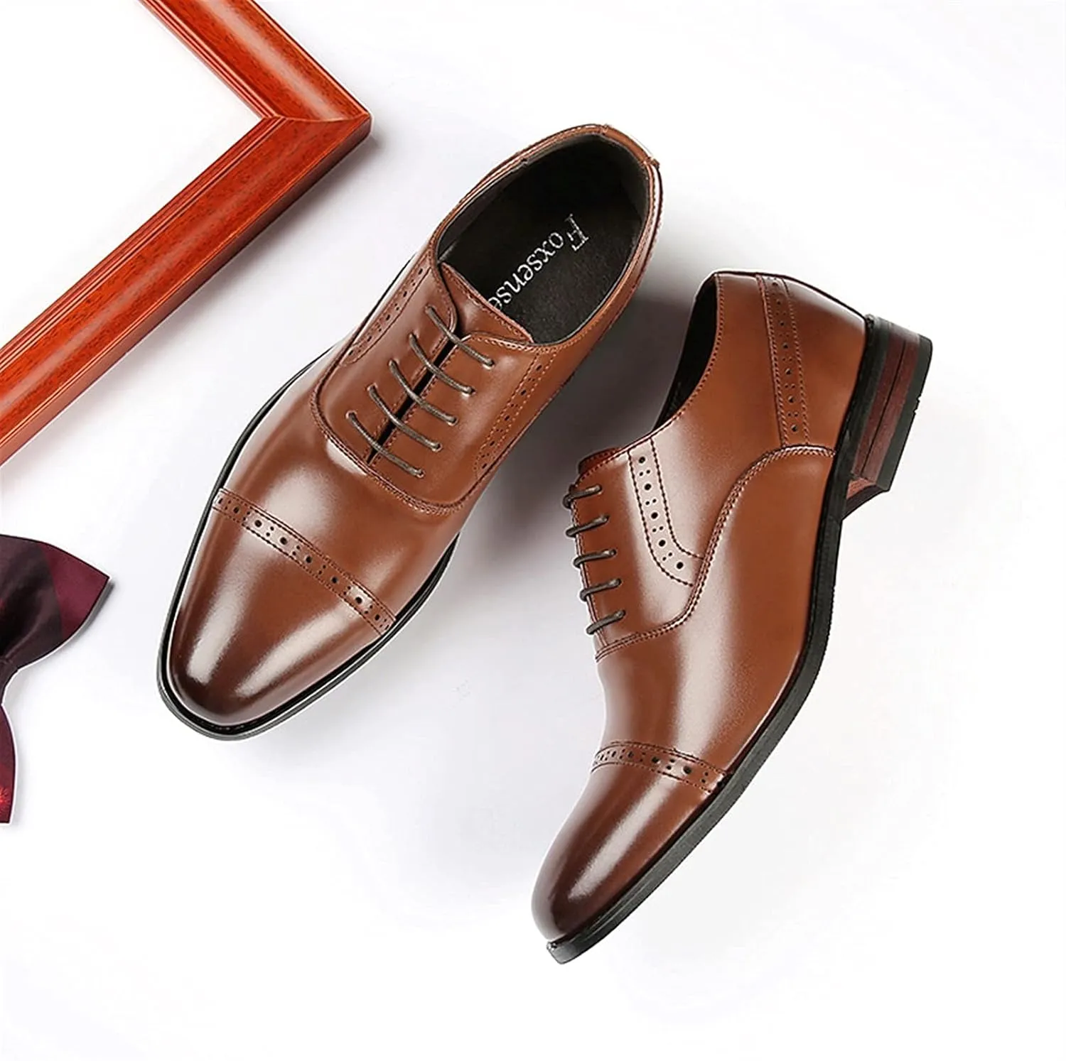 Formal Oxford Shoes for Men Lace Up Cap Toe Black Burnished Toe Leather Rubber Sole Slip Resistant Low Top Non Slip Prom