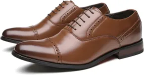 Formal Oxford Shoes for Men Lace Up Cap Toe Black Burnished Toe Leather Rubber Sole Slip Resistant Low Top Non Slip Prom