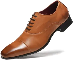 HOOENG Formal Shoes for Men Lace Up Cap Toe Burnished Toe PU Leather Block Heel Anti-Slip Resistant Non Slip Low Top Classic