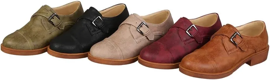 MIOKE Women's Classic Retro Flat Oxford Brogues Buckle Slip On Low Heel Vintage Western Dress Oxford Shoes