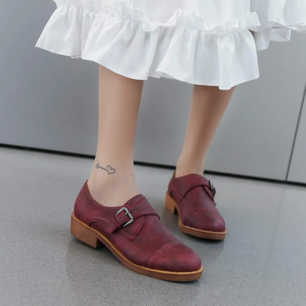 MIOKE Women's Classic Retro Flat Oxford Brogues Buckle Slip On Low Heel Vintage Western Dress Oxford Shoes