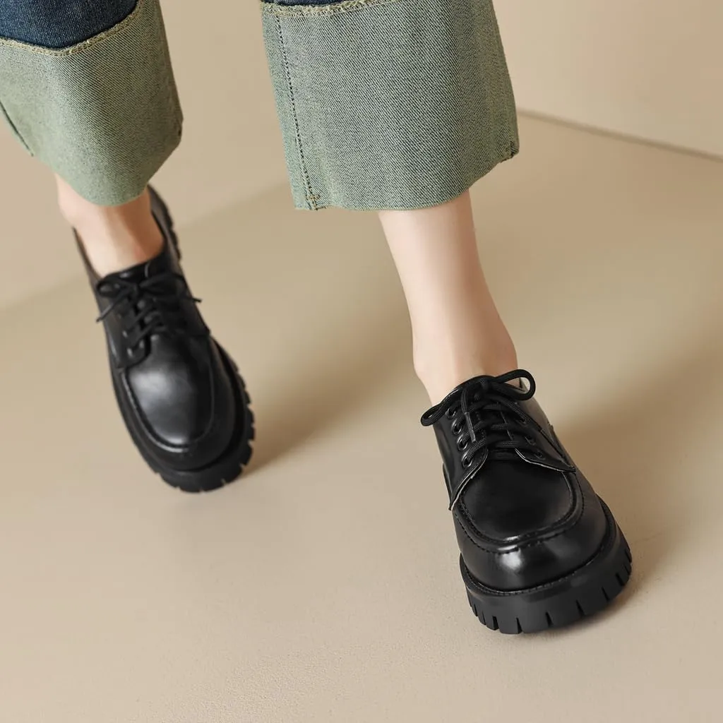 MIOKE Women's Round Toe Platform Oxford Pumps Lace Up Wingtip Chunky Mid Heel Vintage Brogues Dress Shoes