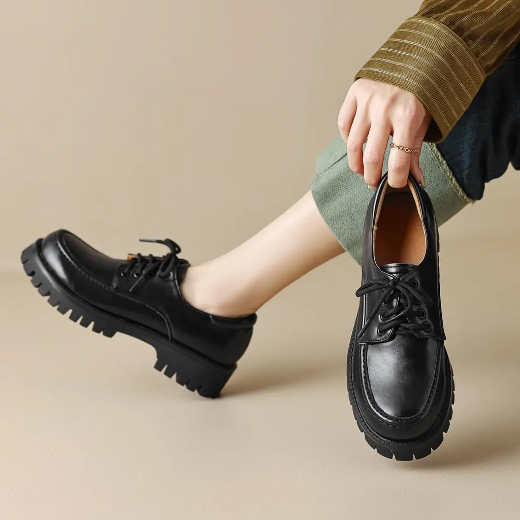 MIOKE Women's Round Toe Platform Oxford Pumps Lace Up Wingtip Chunky Mid Heel Vintage Brogues Dress Shoes