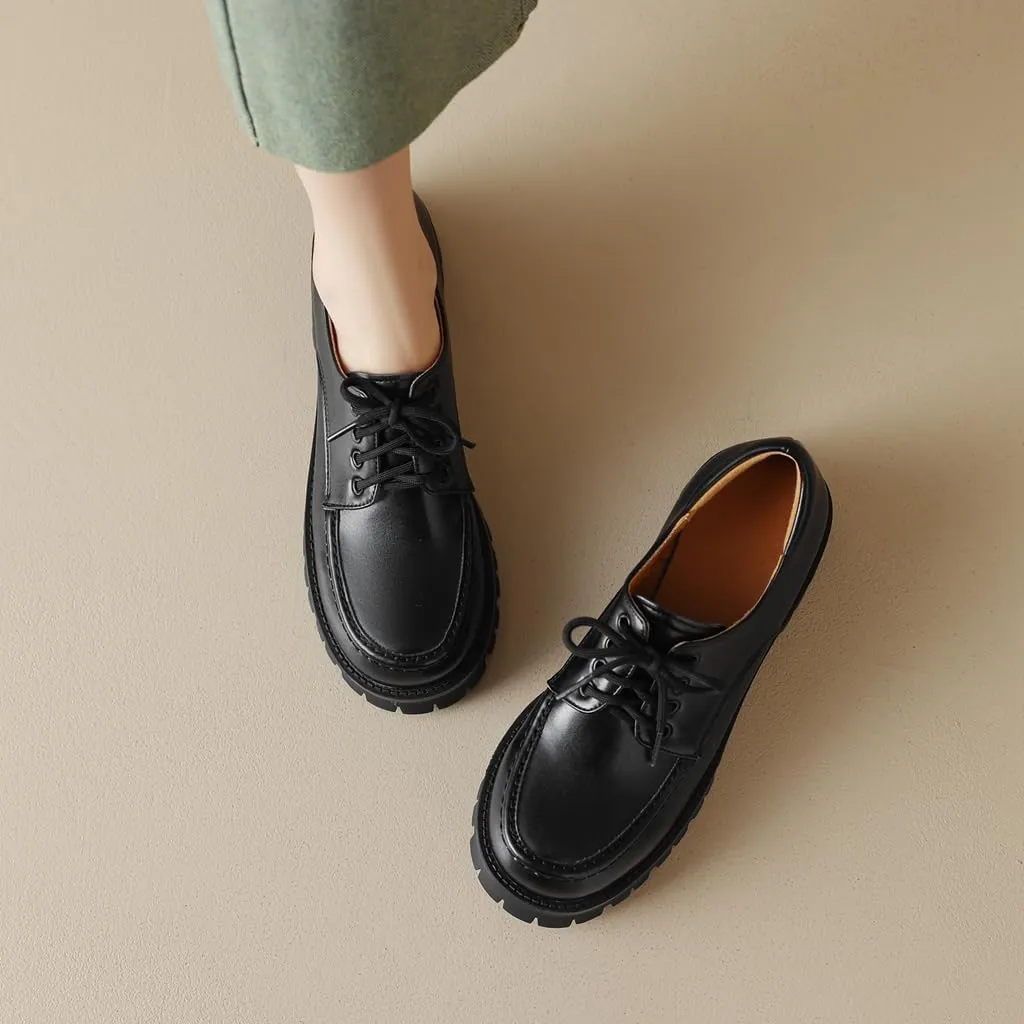 MIOKE Women's Round Toe Platform Oxford Pumps Lace Up Wingtip Chunky Mid Heel Vintage Brogues Dress Shoes