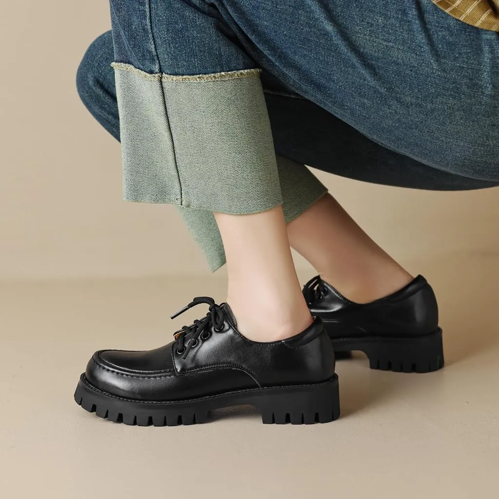 MIOKE Women's Round Toe Platform Oxford Pumps Lace Up Wingtip Chunky Mid Heel Vintage Brogues Dress Shoes