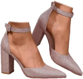 SACFOF Women's Pumps Shoes Summer Pointed Toe Chunky Heeled Ankle Strap Closed Toe Wedding Party Dress Sandals