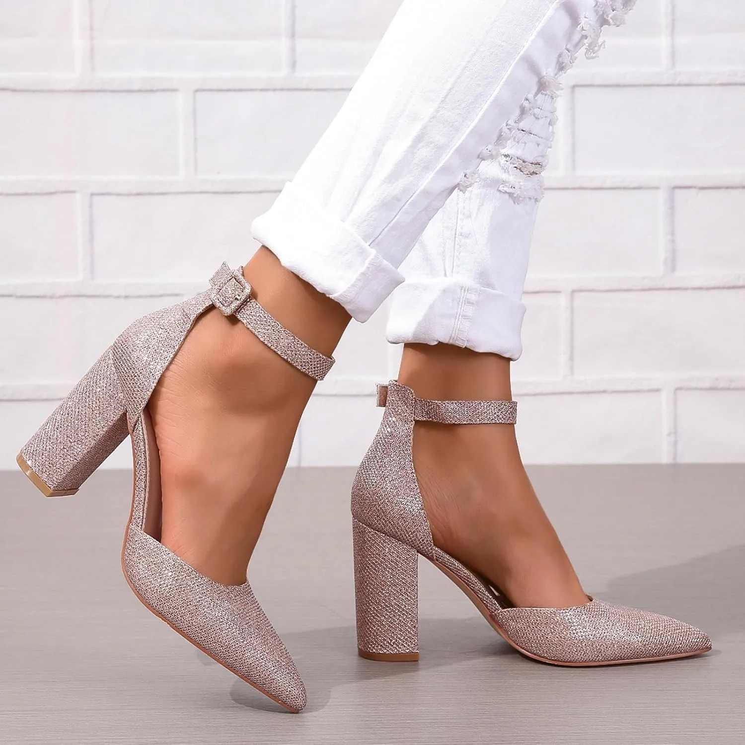 SACFOF Women's Pumps Shoes Summer Pointed Toe Chunky Heeled Ankle Strap Closed Toe Wedding Party Dress Sandals