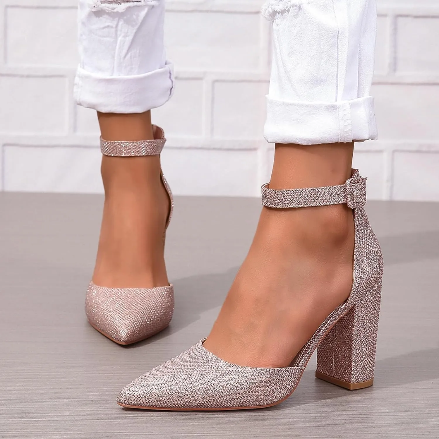 SACFOF Women's Pumps Shoes Summer Pointed Toe Chunky Heeled Ankle Strap Closed Toe Wedding Party Dress Sandals