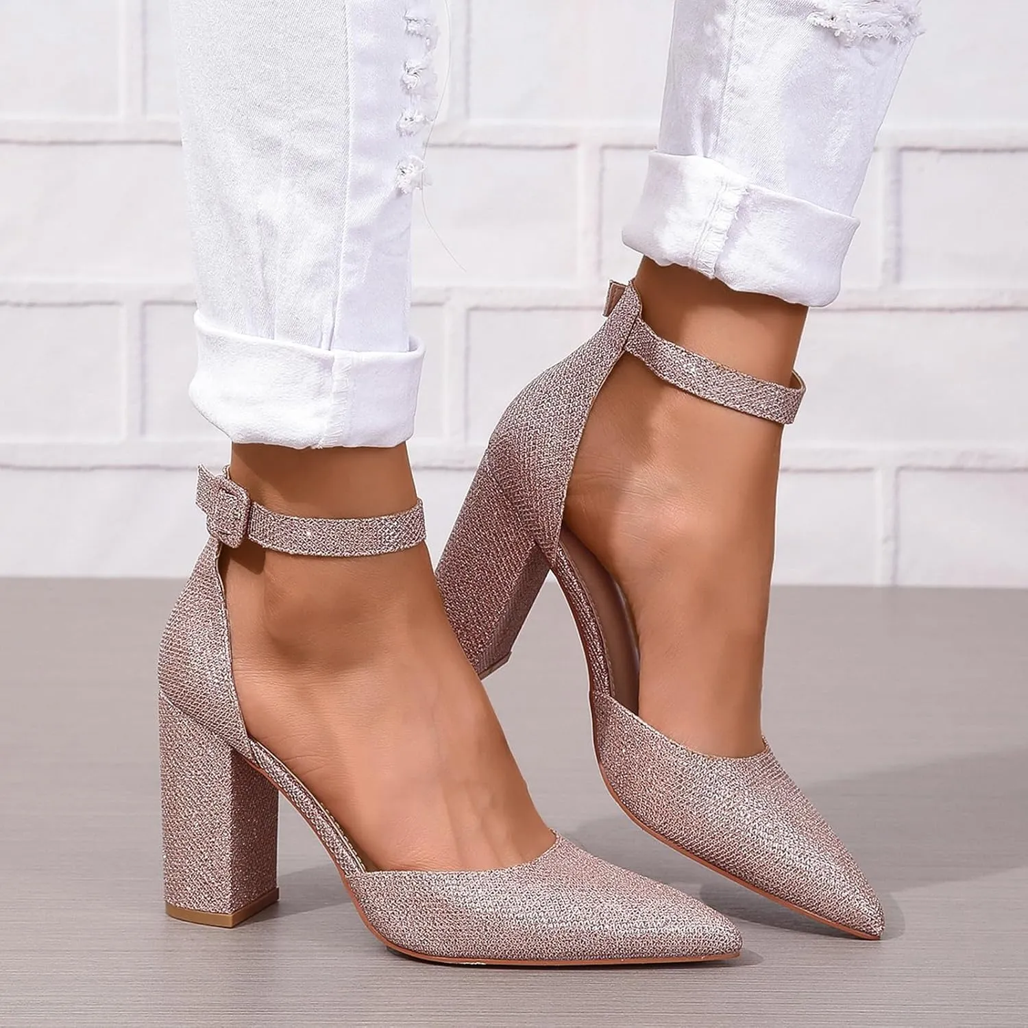 SACFOF Women's Pumps Shoes Summer Pointed Toe Chunky Heeled Ankle Strap Closed Toe Wedding Party Dress Sandals