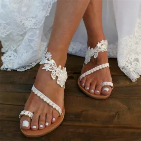 Sandals for Women Dressy Flower Flip Flops Slip On Flat Sandals Comfy Flip Flops Casual Summer Beach Sandals,White,US9/EU41