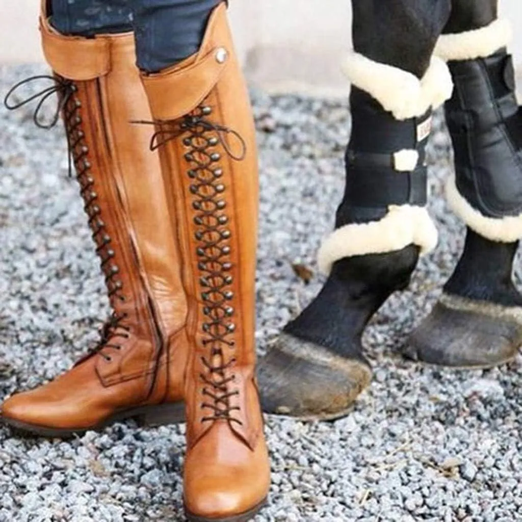 Saohuo Riding Knight Boots for Womens Knee-length Western Cowgirl Booties Retro Platform Round Toe Lace-Up Boot