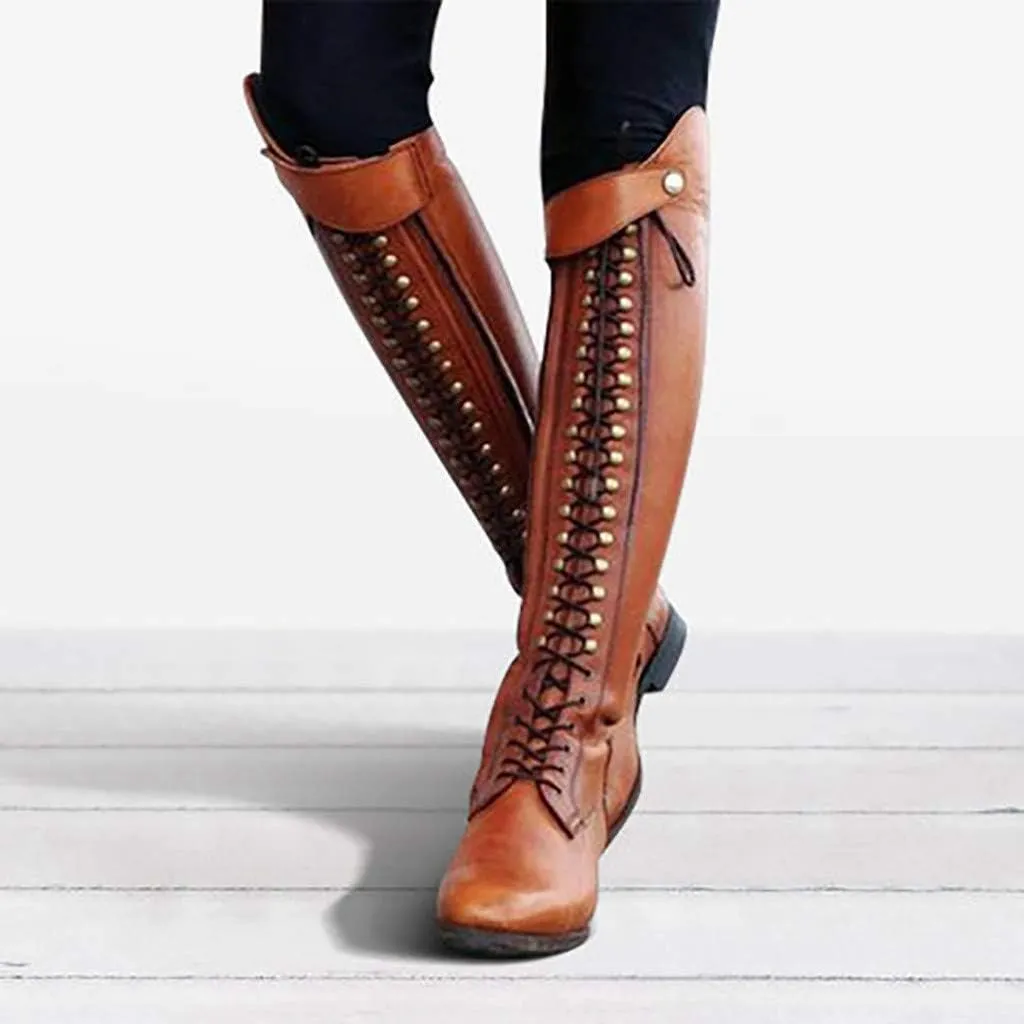 Saohuo Riding Knight Boots for Womens Knee-length Western Cowgirl Booties Retro Platform Round Toe Lace-Up Boot