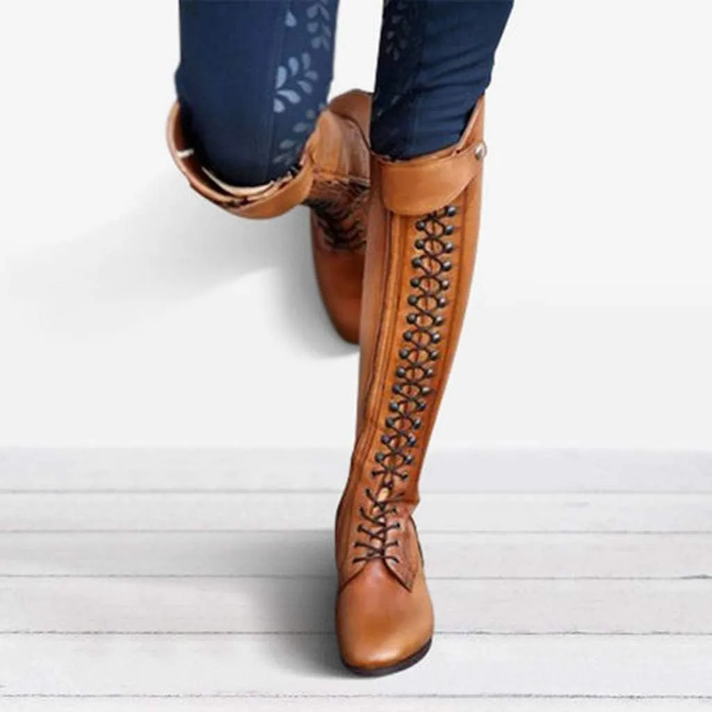 Saohuo Riding Knight Boots for Womens Knee-length Western Cowgirl Booties Retro Platform Round Toe Lace-Up Boot