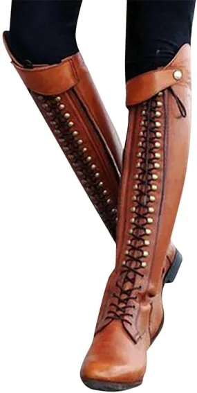 Saohuo Riding Knight Boots for Womens Knee-length Western Cowgirl Booties Retro Platform Round Toe Lace-Up Boot