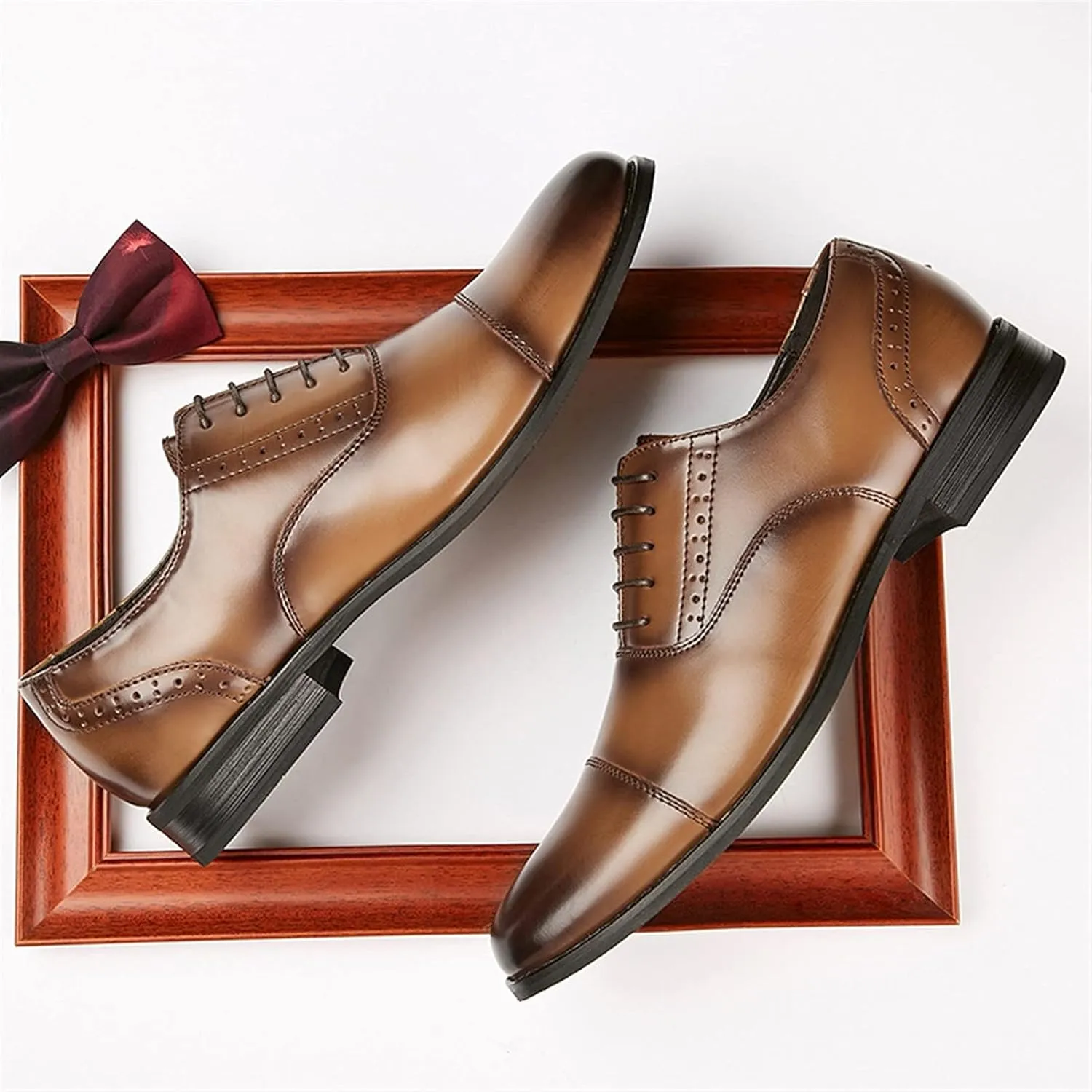 Single Season Dress Oxford for Men Lace Up Cap Toe Round Burnished Toe Cowhide Low Top Non Slip Anti-Slip Block Heel Slip Resistant Party Very Popular Among Young People