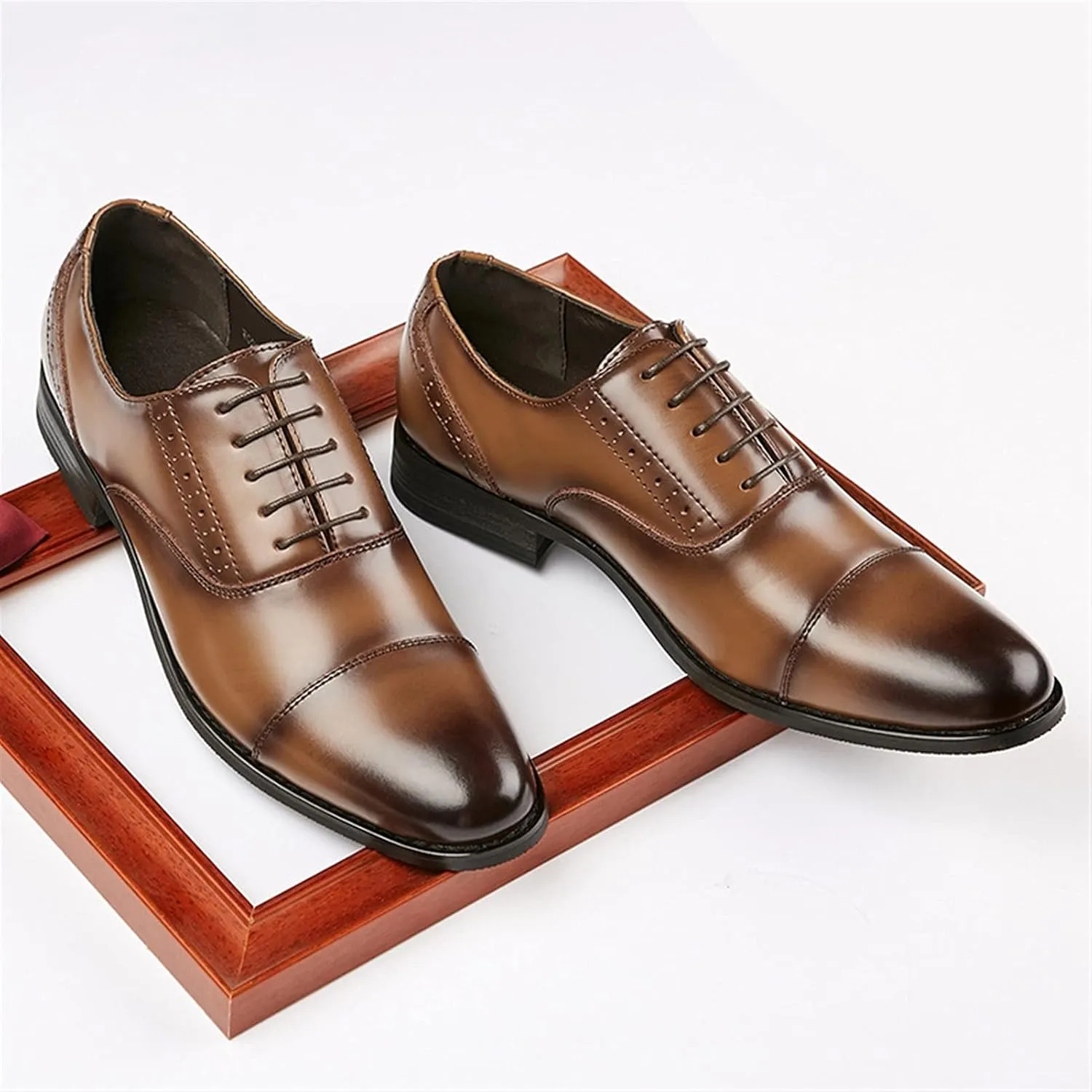 Single Season Dress Oxford for Men Lace Up Cap Toe Round Burnished Toe Cowhide Low Top Non Slip Anti-Slip Block Heel Slip Resistant Party Very Popular Among Young People