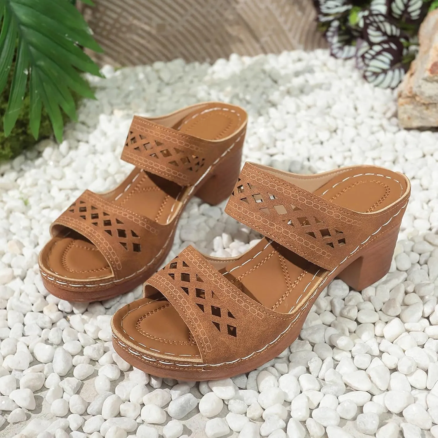 Women's Heeled Sandals Open Toe Slip On Block Chunky Mid Heels Fish Mouth Open Toe Ankle Strap Sandal Slippers