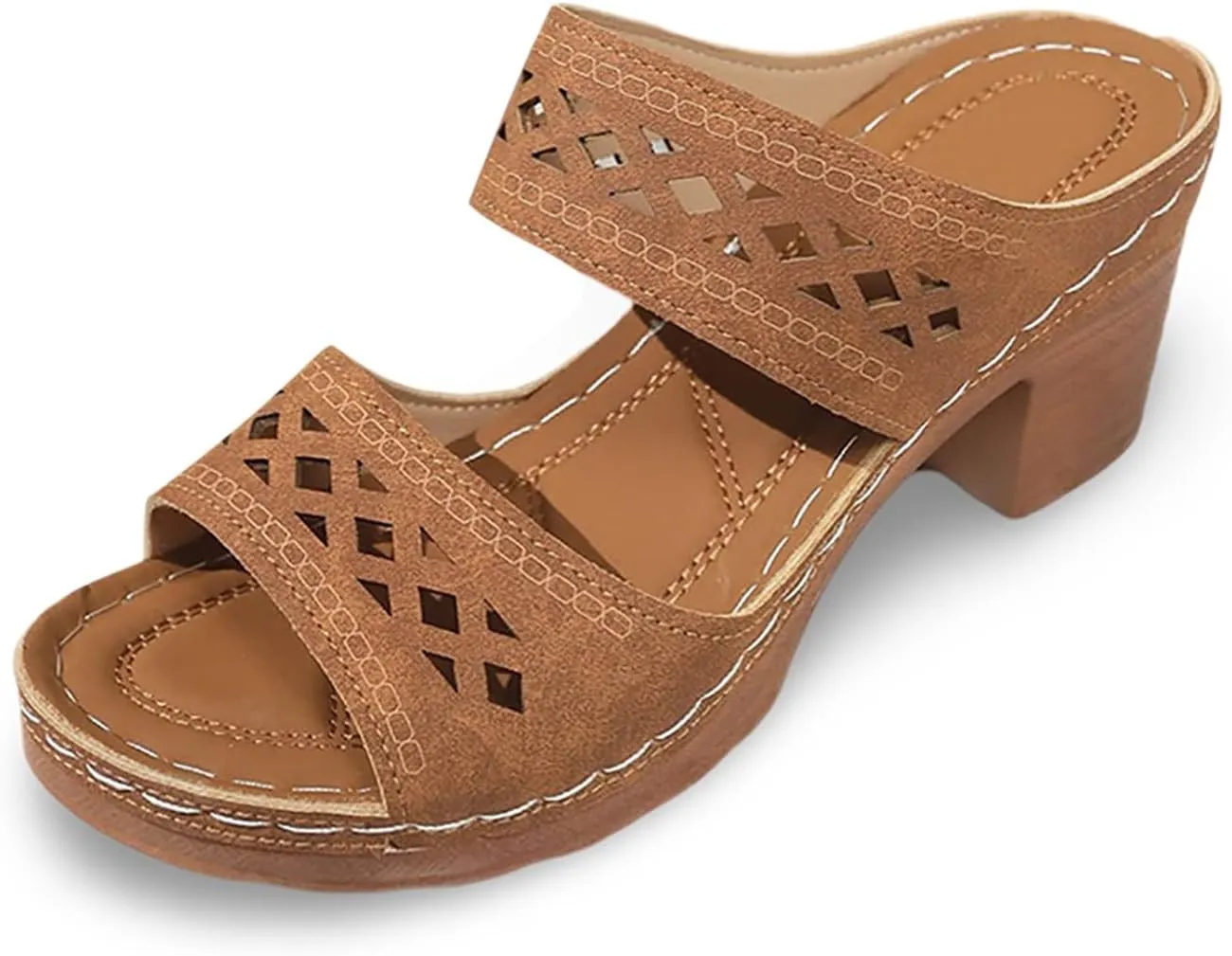 Women's Heeled Sandals Open Toe Slip On Block Chunky Mid Heels Fish Mouth Open Toe Ankle Strap Sandal Slippers