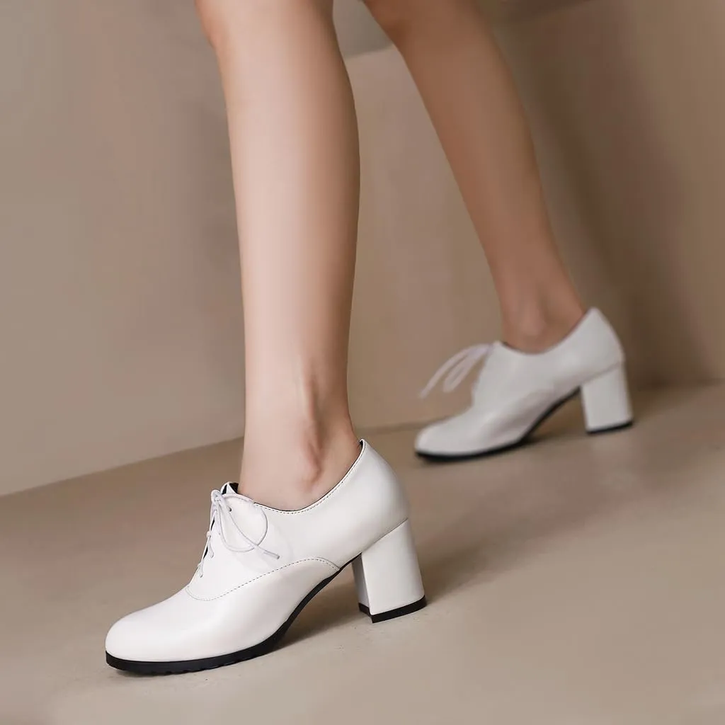 Women's Lace Up Chunky High Heels Dress Pumps Round Toe Comfort Leather Classic Brogues Oxfords Shoes