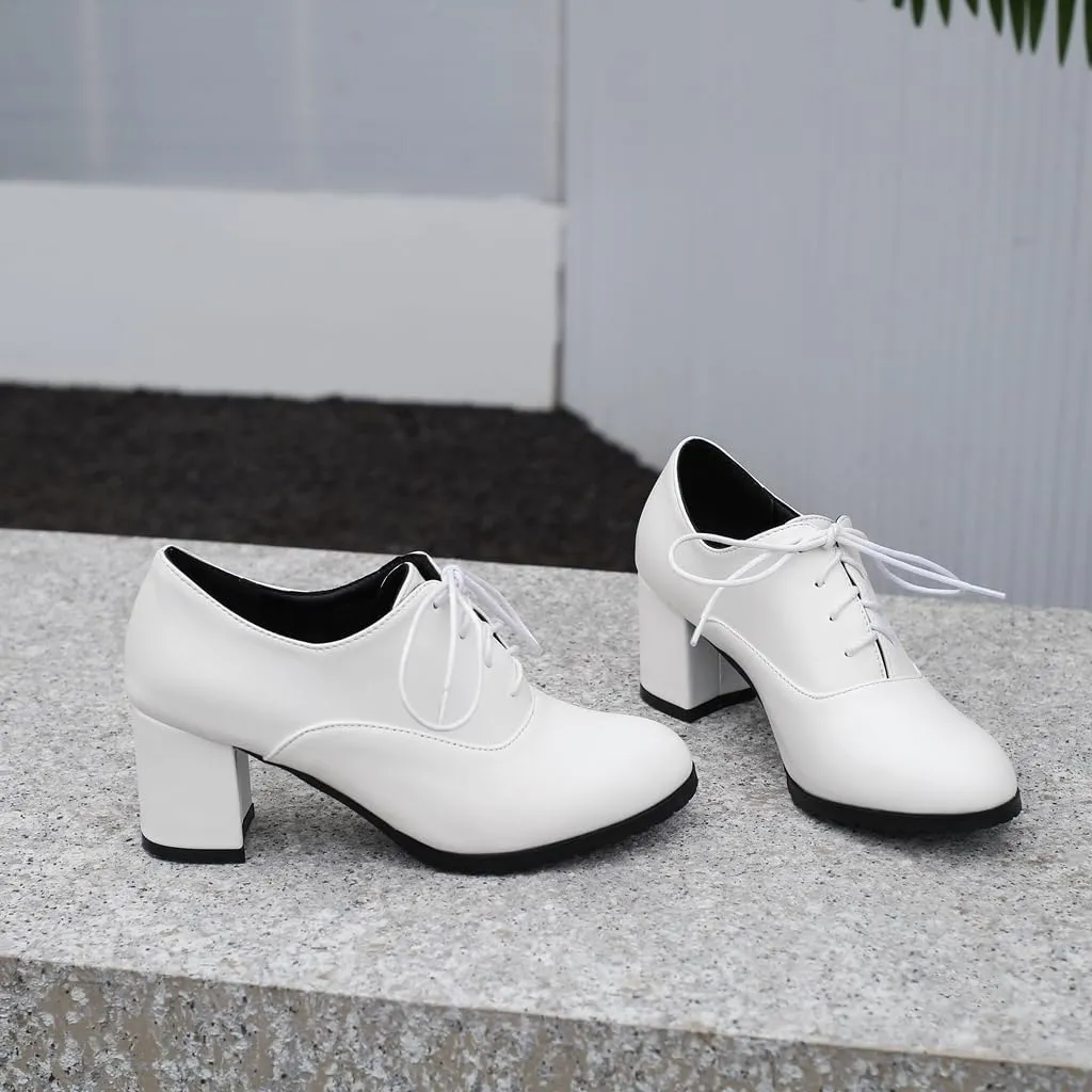 Women's Lace Up Chunky High Heels Dress Pumps Round Toe Comfort Leather Classic Brogues Oxfords Shoes