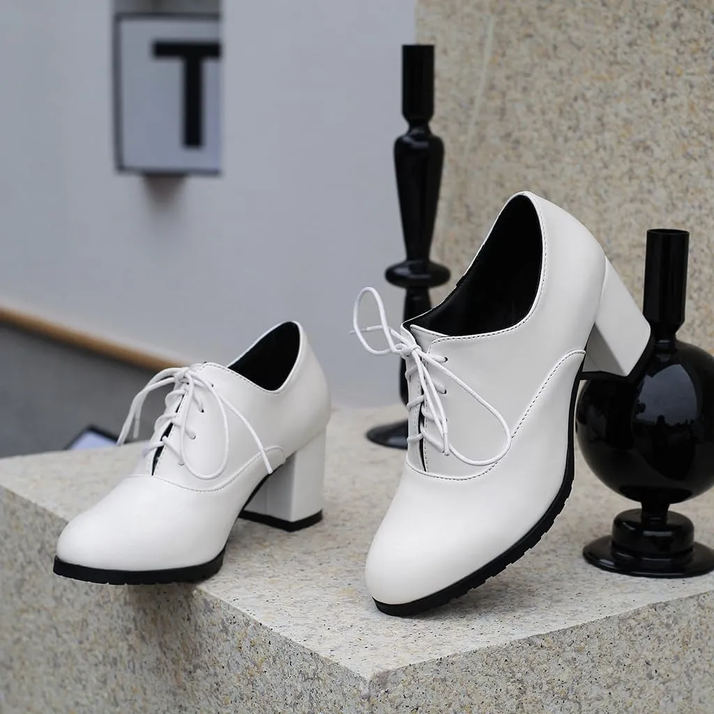 Women's Lace Up Chunky High Heels Dress Pumps Round Toe Comfort Leather Classic Brogues Oxfords Shoes