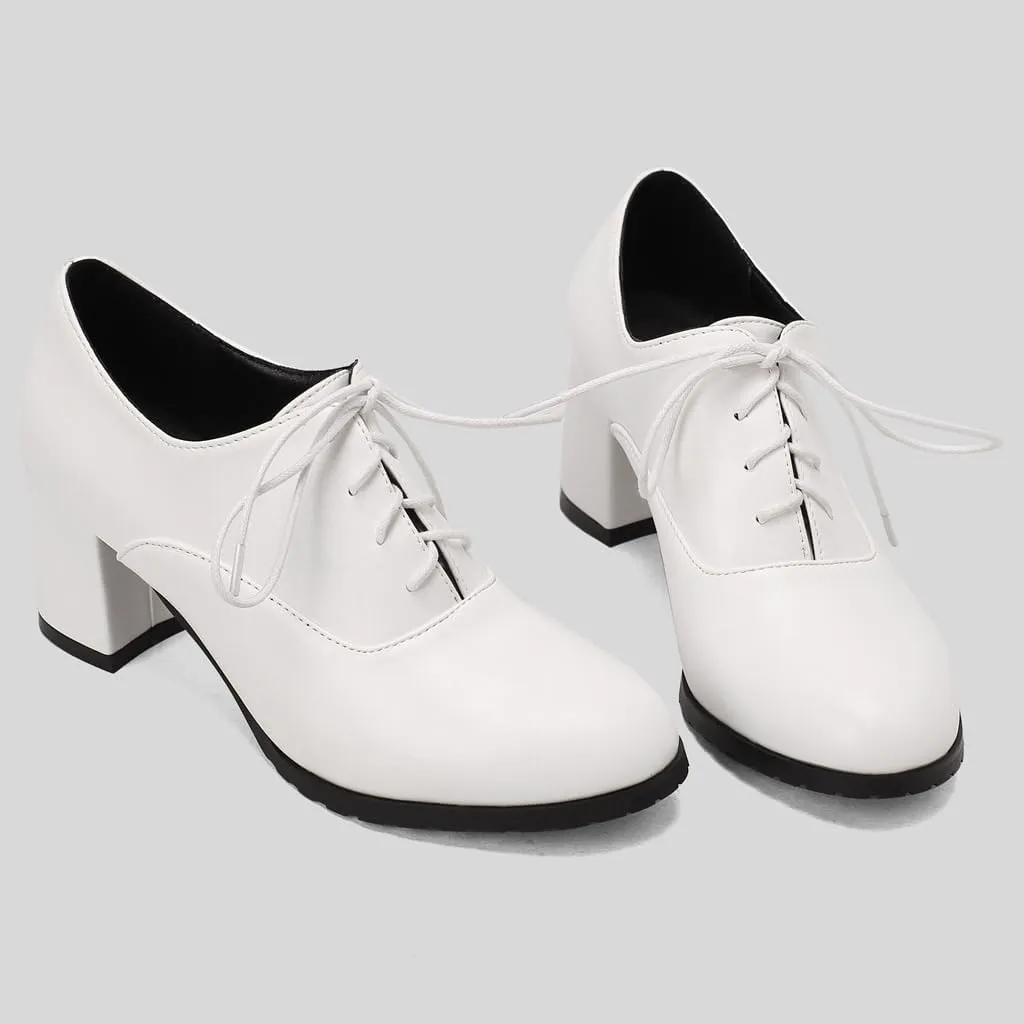 Women's Lace Up Chunky High Heels Dress Pumps Round Toe Comfort Leather Classic Brogues Oxfords Shoes