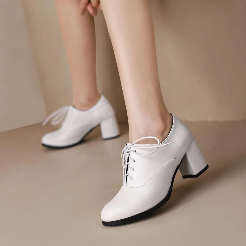 Women's Lace Up Chunky High Heels Dress Pumps Round Toe Comfort Leather Classic Brogues Oxfords Shoes
