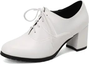 Women's Lace Up Chunky High Heels Dress Pumps Round Toe Comfort Leather Classic Brogues Oxfords Shoes