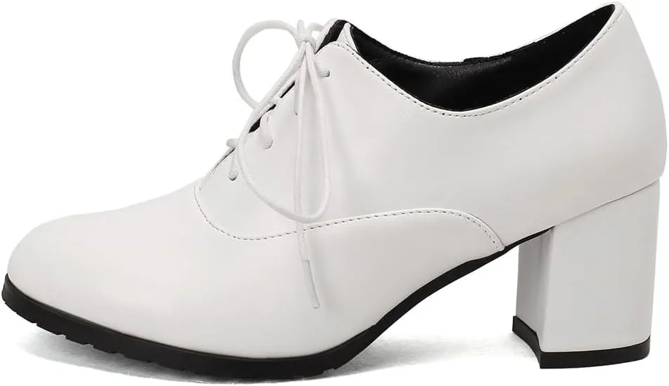 Women's Lace Up Chunky High Heels Dress Pumps Round Toe Comfort Leather Classic Brogues Oxfords Shoes