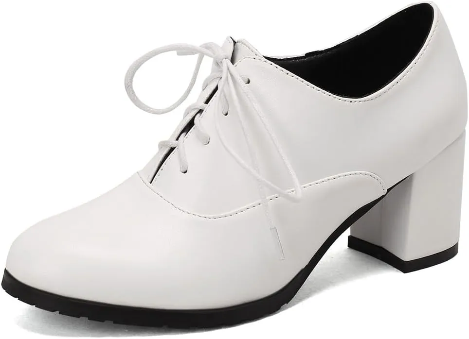 Women's Lace Up Chunky High Heels Dress Pumps Round Toe Comfort Leather Classic Brogues Oxfords Shoes