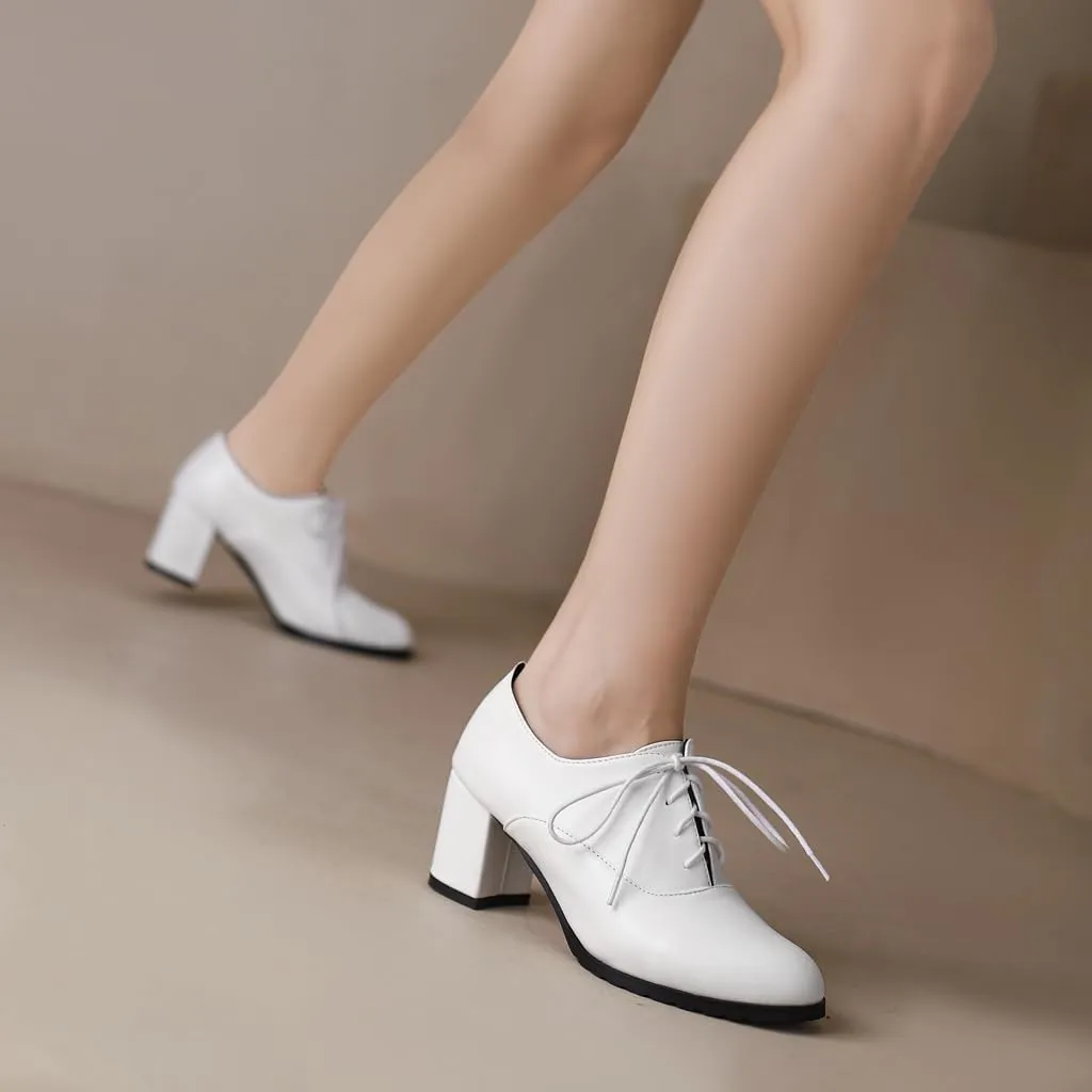 Women's Lace Up Chunky High Heels Dress Pumps Round Toe Comfort Leather Classic Brogues Oxfords Shoes