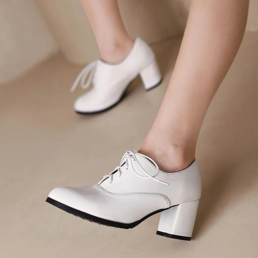 Women's Lace Up Chunky High Heels Dress Pumps Round Toe Comfort Leather Classic Brogues Oxfords Shoes